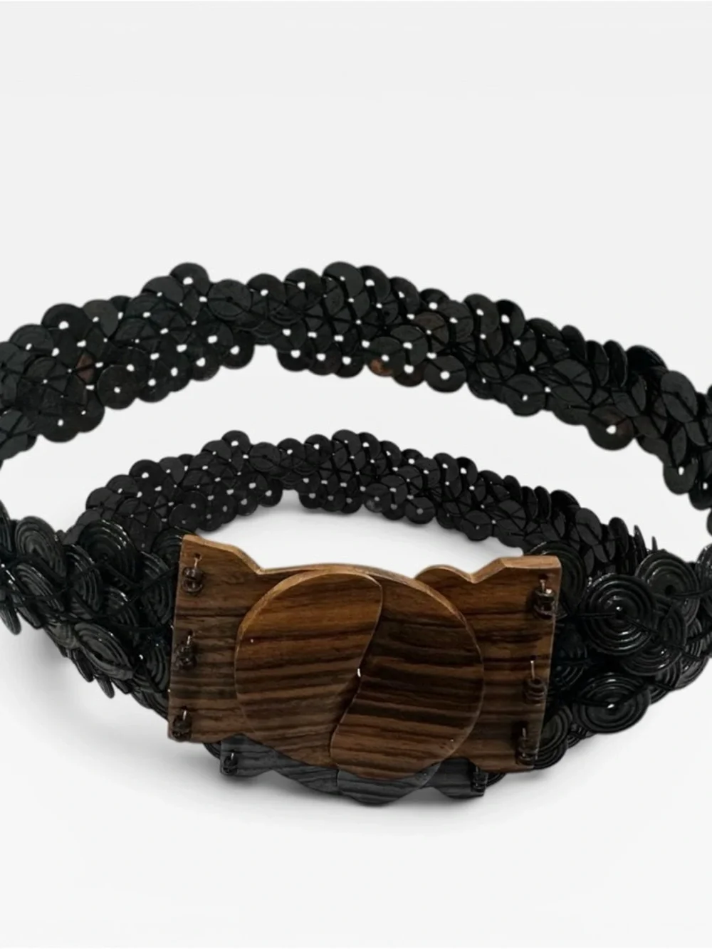 Vintage 70s Boho Woven Disc Belt Black Wooden Buckle Stretch Waist Belt Festival